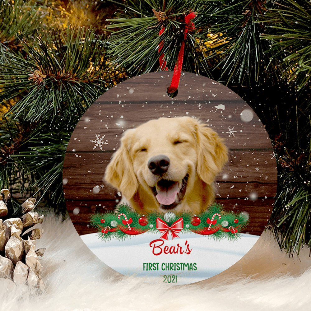 Dog Cat Christmas Wooden Background Photo Ceramic Ornament