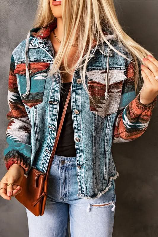 SHEWIN INC. Geometric Print Frayed Hem Denim Jacket - Premium Quality Product | Fast Shipping &amp;amp; Returns