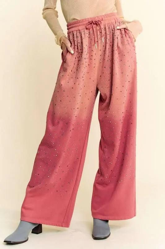 Trendsi Rhinestone Wide Leg Pants Women&amp;#39;s Party/Club Trousers Adjustable Drawstring