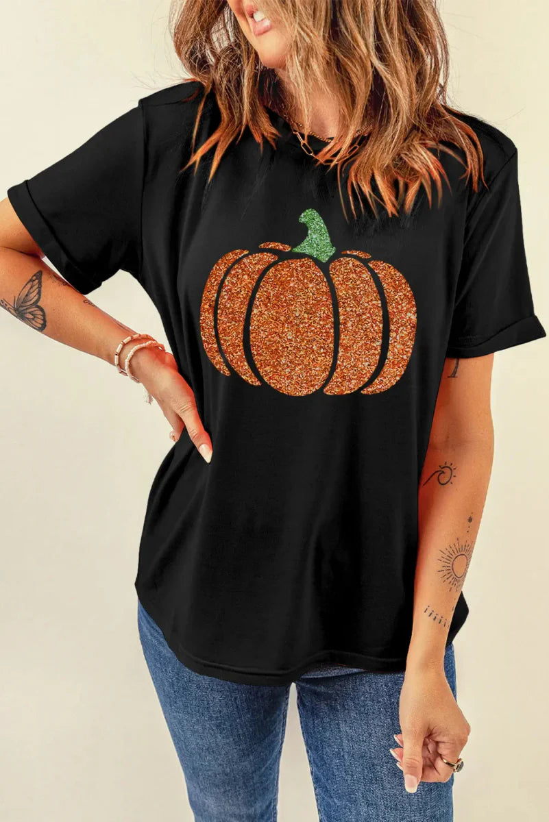 Glitter Pumpkin Round Neck Short Sleeve T-Shirt for Women