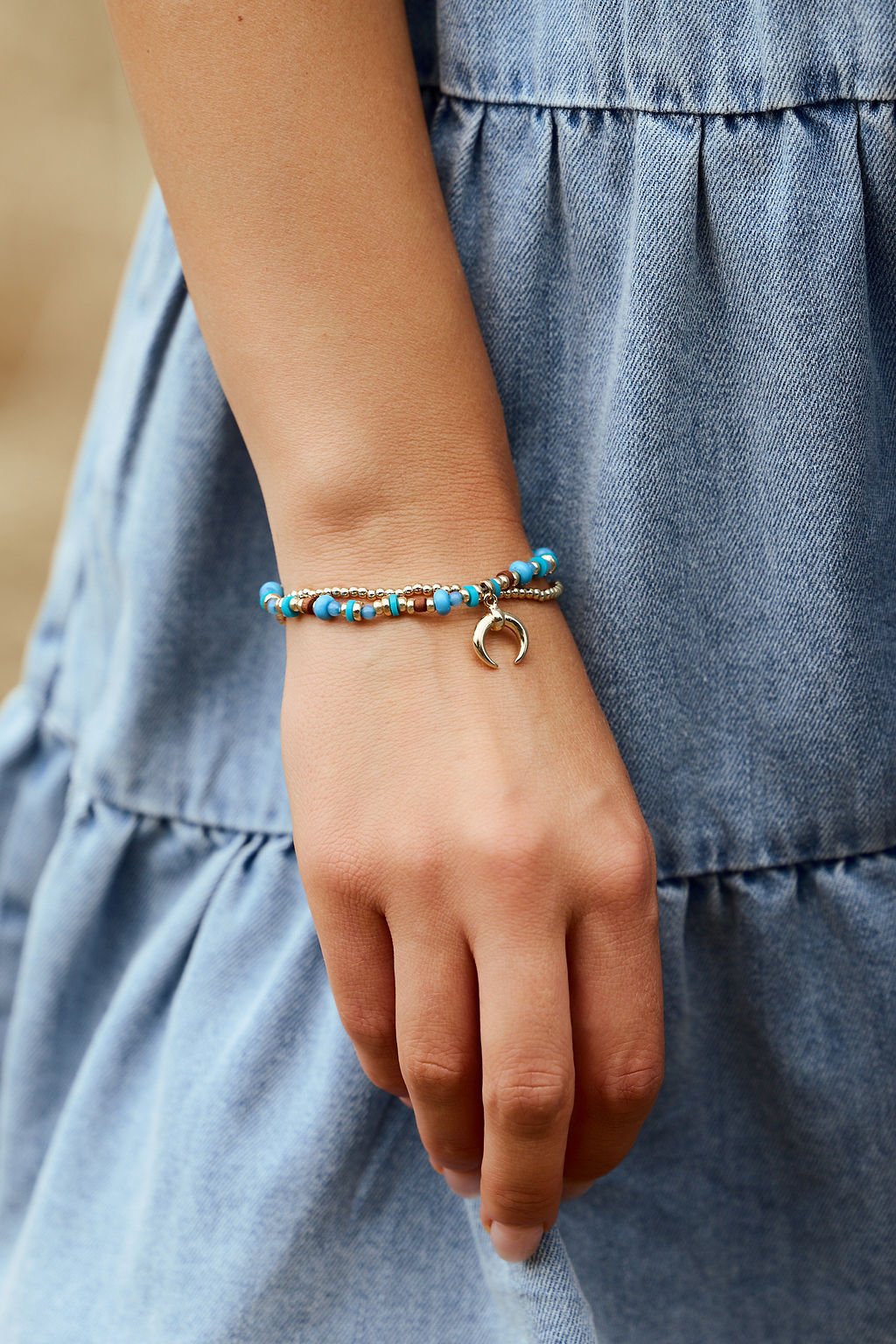 Gold Crescent Charm Beaded Bracelet Set - FINAL SALE