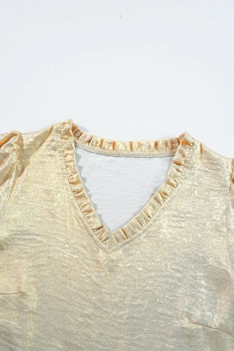 Love Salve Gold Metallic Frilled Women&amp;#39;s Babydoll Blouse V Neck Puff Sleeve Top