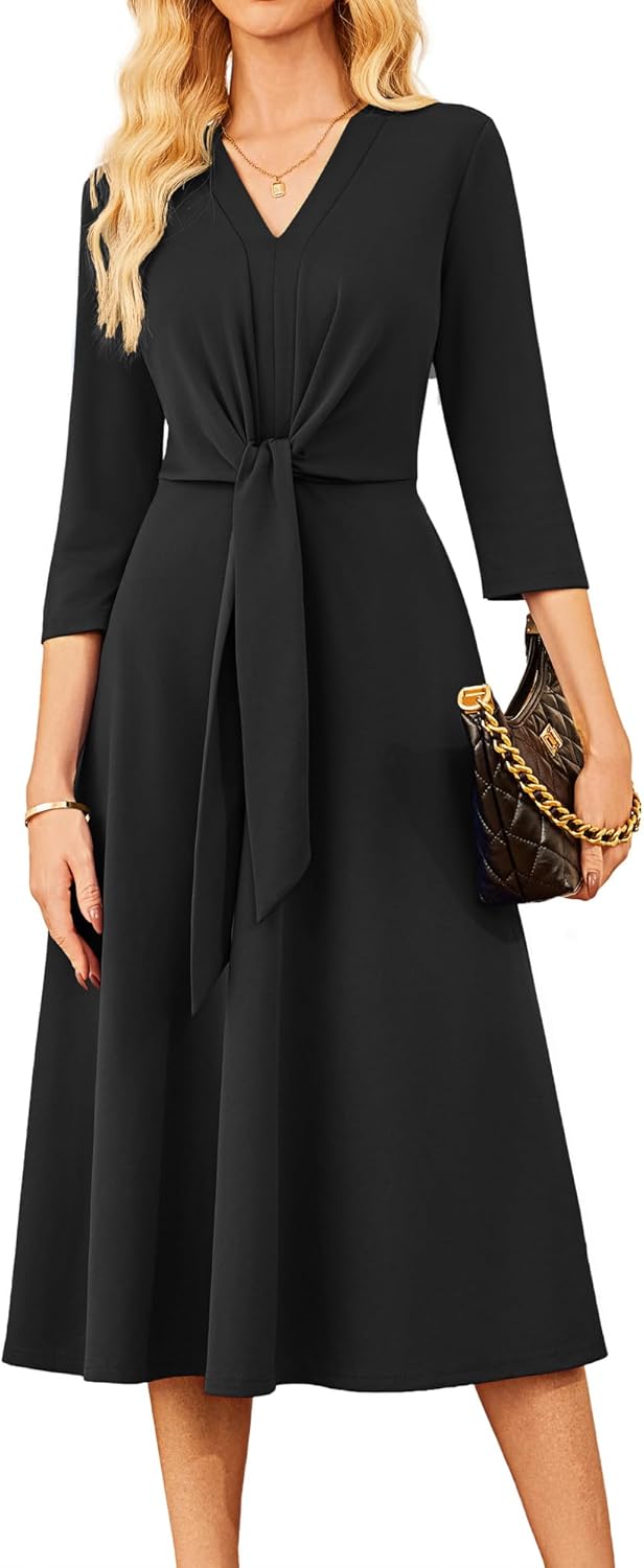 GRACE KARIN 2025 Women&amp;#39;s V Neck 3/4 Sleeve Tie Waist Business Work A Line Midi Dress