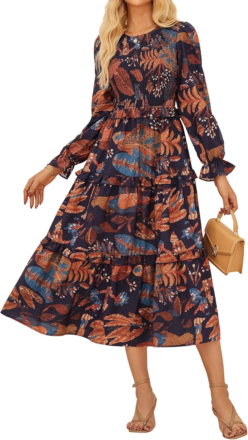 GRACE KARIN Women&amp;#39;s Floral Midi Dress 2025 Long Sleeve Fall Elegant Smocked Tiered Flowy Wedding Guest Dresses with Pockets