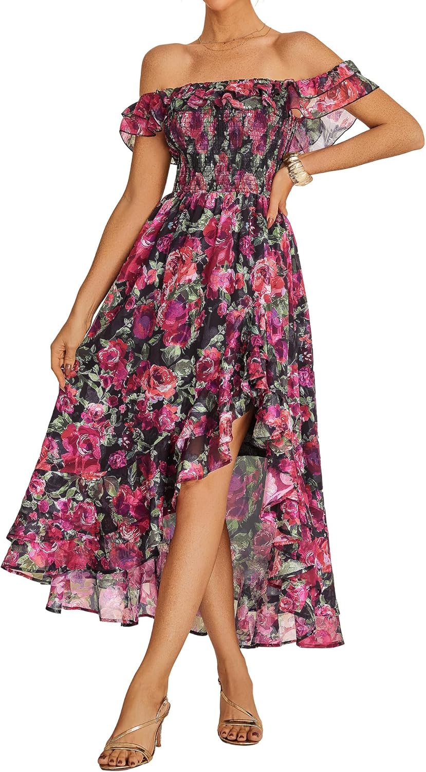 GRACE KARIN Women&amp;#39;s Floral Print Maxi Dress Off Shoulder Smocked A Line Flowy Ruffle Wedding Guest Dresses with Pockets