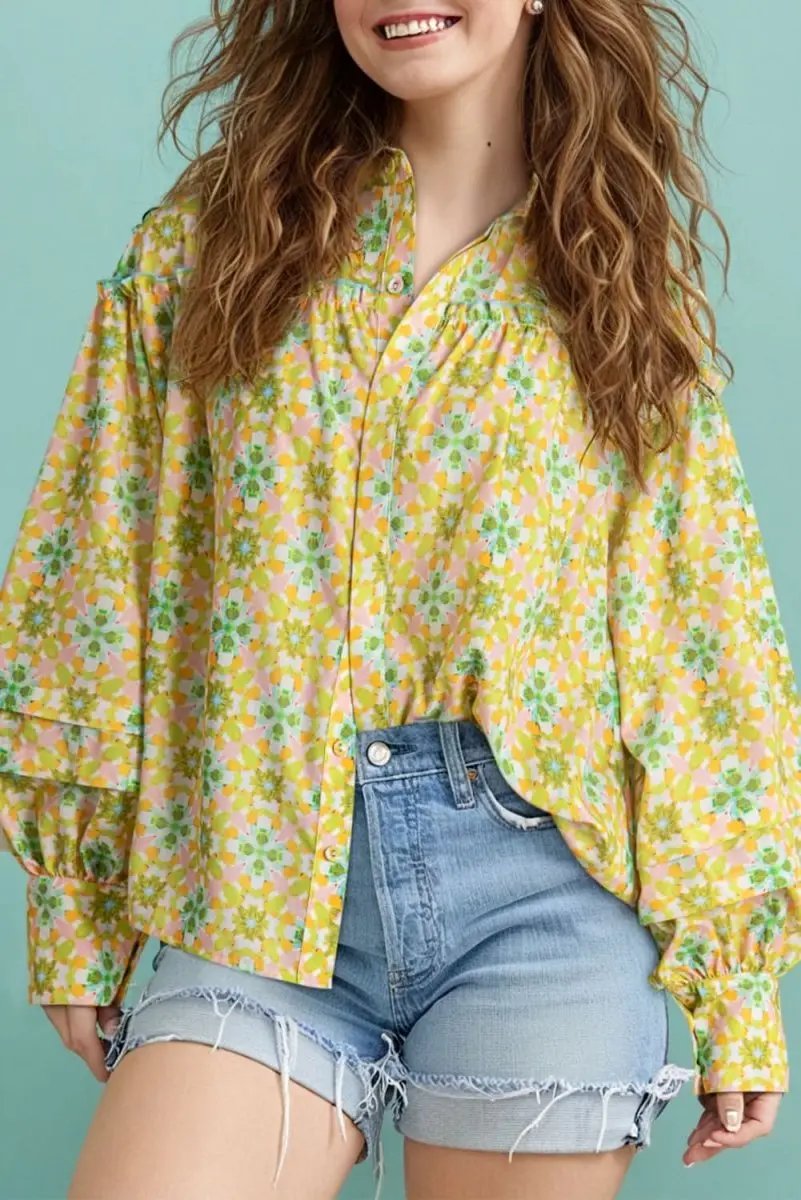 Love Salve Floral Print Shirt Women&amp;#39;s Vacation Top Bohemian Style Puff Sleeve
