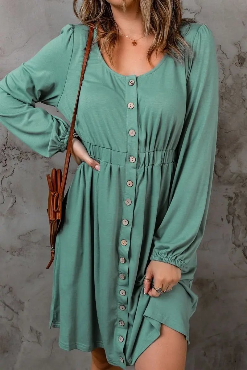 Love Salve Green Dress Women&amp;#39;s Daily Wear Button Up Long Sleeve Mini Dress - Chic &amp;amp; Exclusive