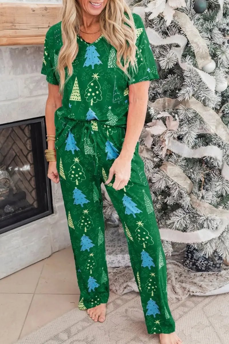 Love Salve Green Christmas Print Women&amp;#39;s Loungewear Set Comfy Pajama Set