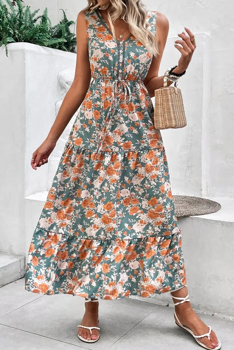 Love Salve Green Floral Dress Women&amp;#39;s Vacation A-Line Dress: Tie Waist, Summer