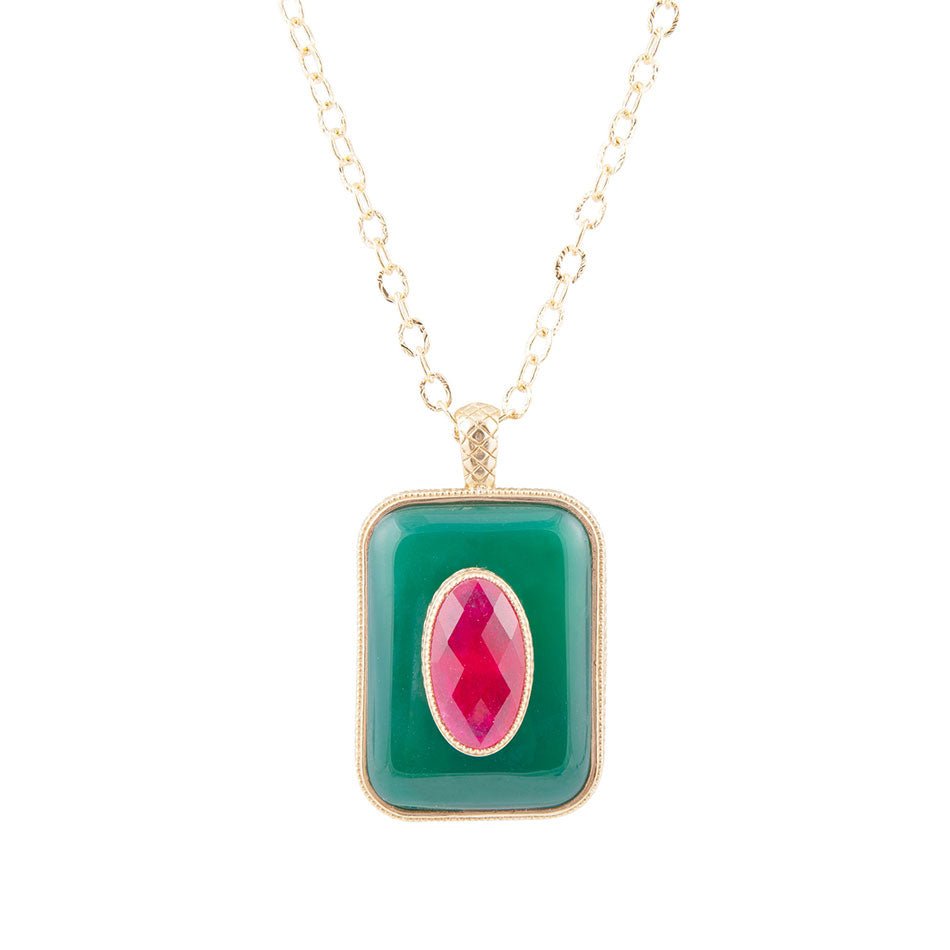 Green Onyx Stacked Red Quartz Golden Pendant Necklace