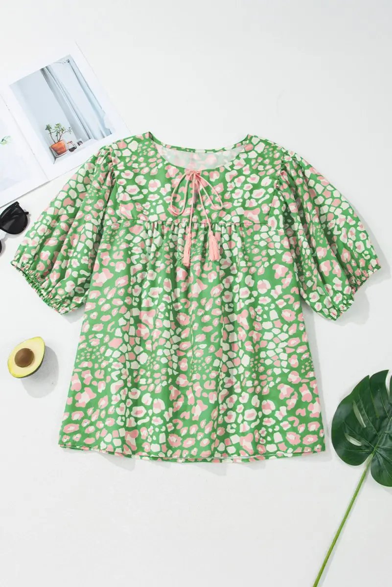 Love Salve Green Floral Blouse Women&amp;#39;s Plus Size Summer Top: Tassel Tie &amp;amp; Puff Sleeves