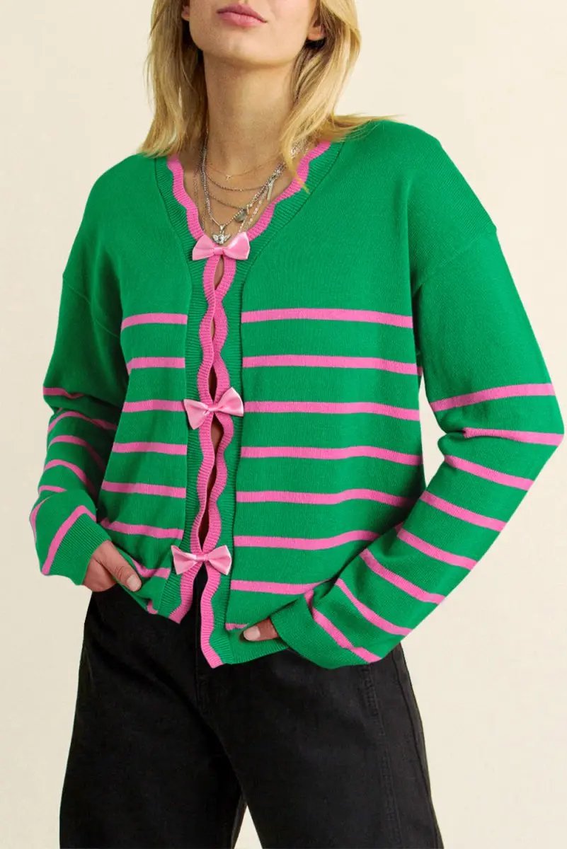 Love Salve Green Stripe Bow Sweater Women&amp;#39;s Fall Cardigan Knit Top: Cute &amp;amp; Cozy