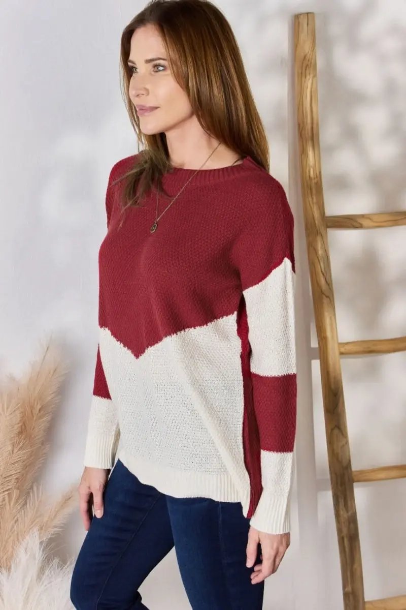 Lovesalve WS Hailey &amp; Co Color Block Women&#39;s Knit Top Trendy Dropped Shoulder Sweater