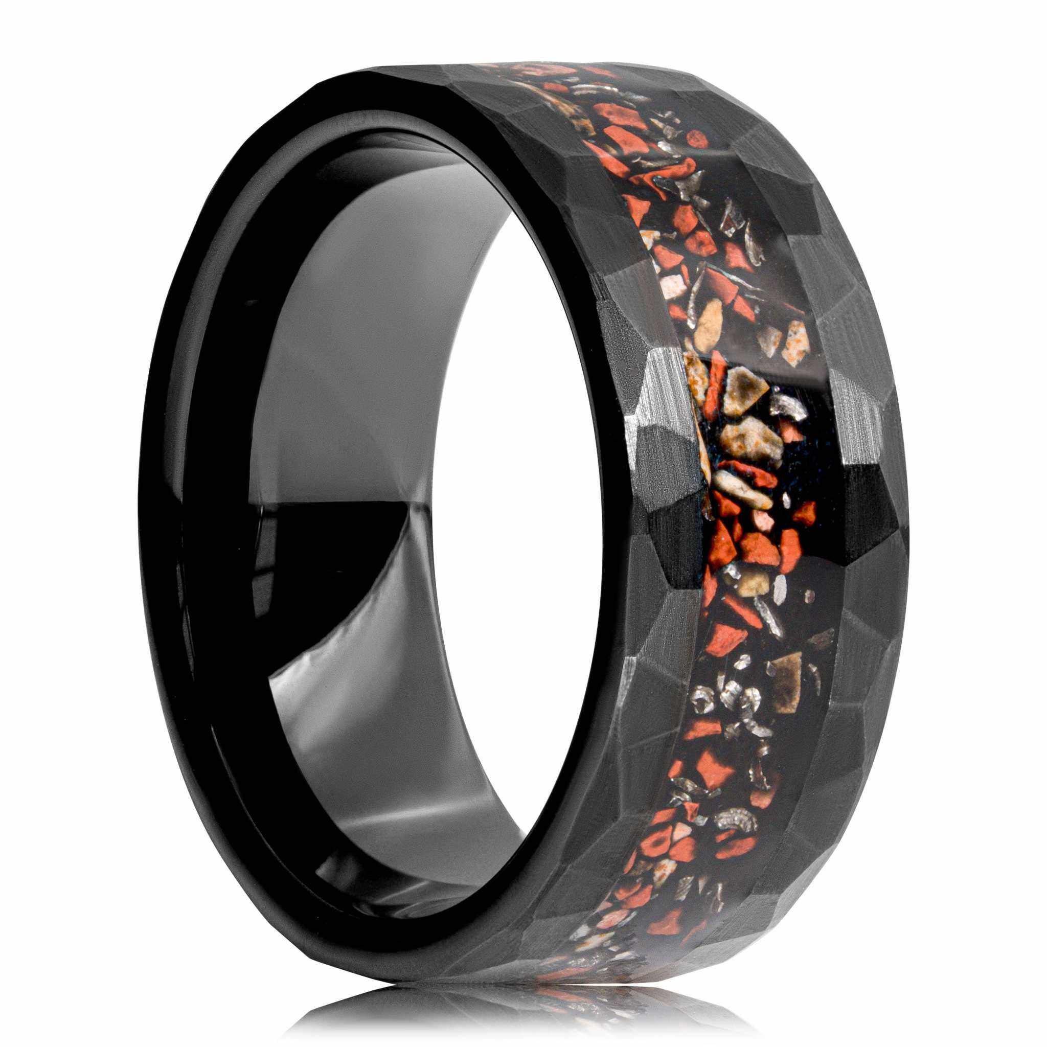 Dinosaur &amp;amp; Meteorite Hammered Tungsten Carbide Black Ring