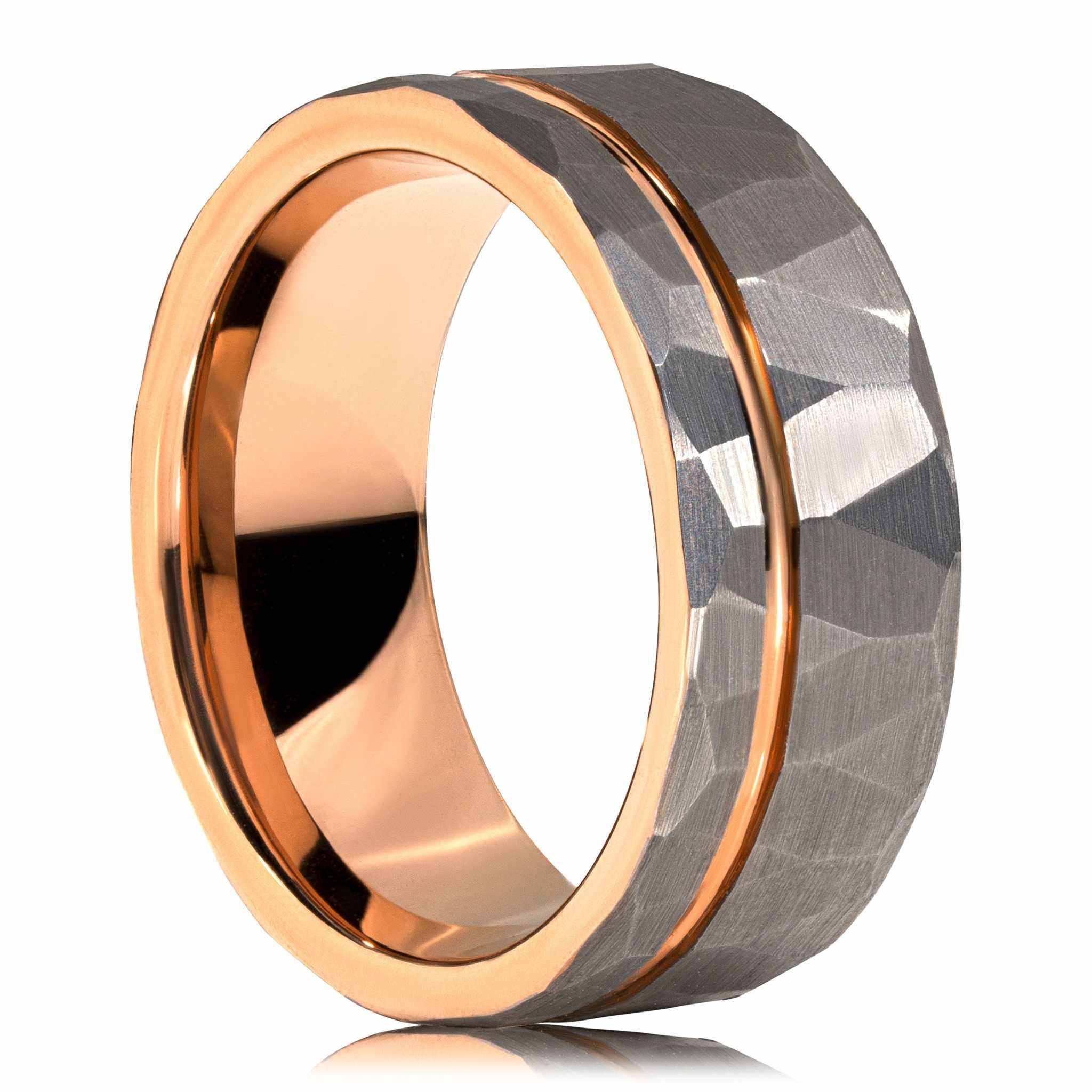 Hammered Rose Gold Strip Tungsten Carbide Ring