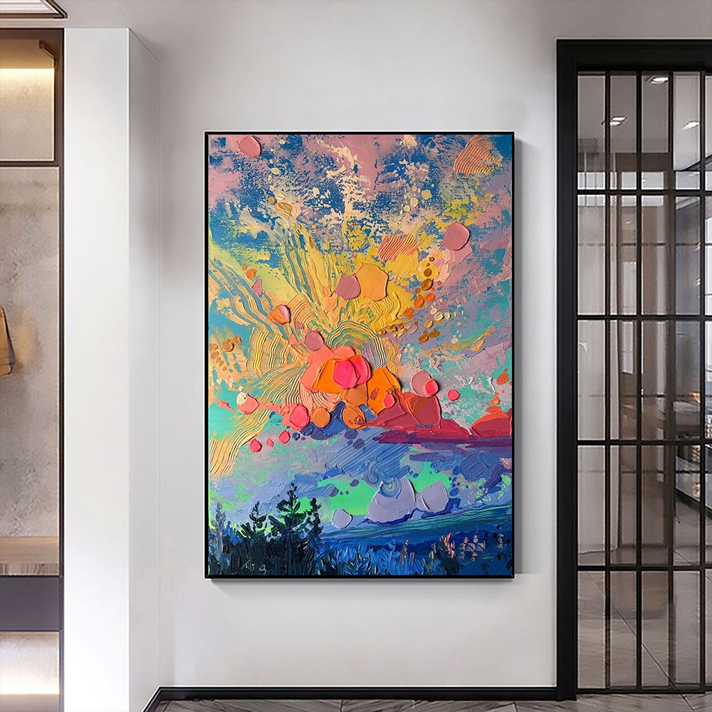 Hand Painted Oil Painting Large Original Landscape Oil Painting on Canvas Abstract Colorful Cloud Painting Modern Textured Wall Art Custom Living room Wall Decor