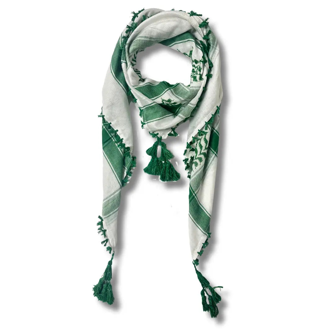 White &amp;amp; Green Kuffiyeh – Handcrafted Palestinian Scarf with Traditional Elegance