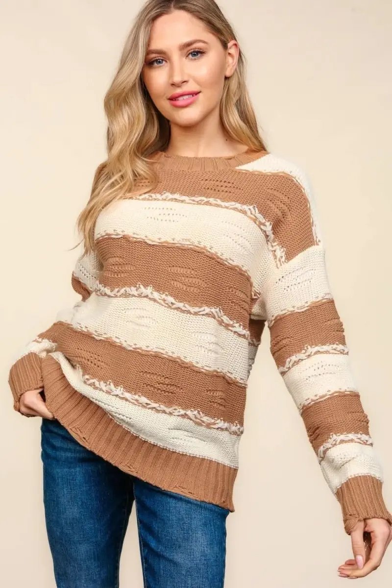 Trendsi Striped Sweater Women&amp;#39;s Casual Knit Top Distressed Detail USA Ship