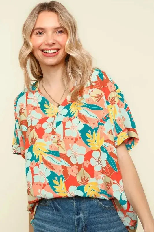 Haptics V-Neck Top Women&amp;#39;s Summer Hawaiian Shirt Lightweight Woven