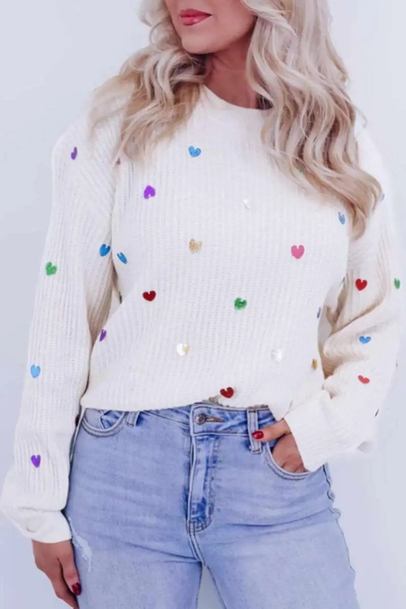 Trendsi Heart Sequin Sweater Women&amp;#39;s Party Top Sparkle Long Sleeve Knit