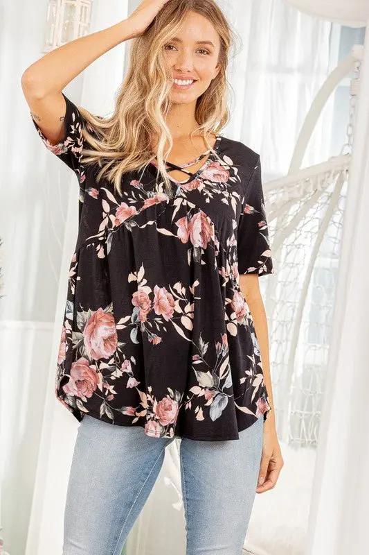 Trendsi Floral Crisscross Top Women&amp;#39;s Plus Size Babydoll Shirt Cute &amp;amp; Comfy