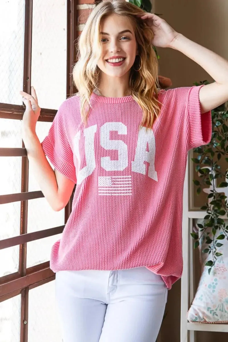 Graphic Ribbed Top Women&amp;#39;s USA Casual T-Shirt Soft &amp;amp; Comfy