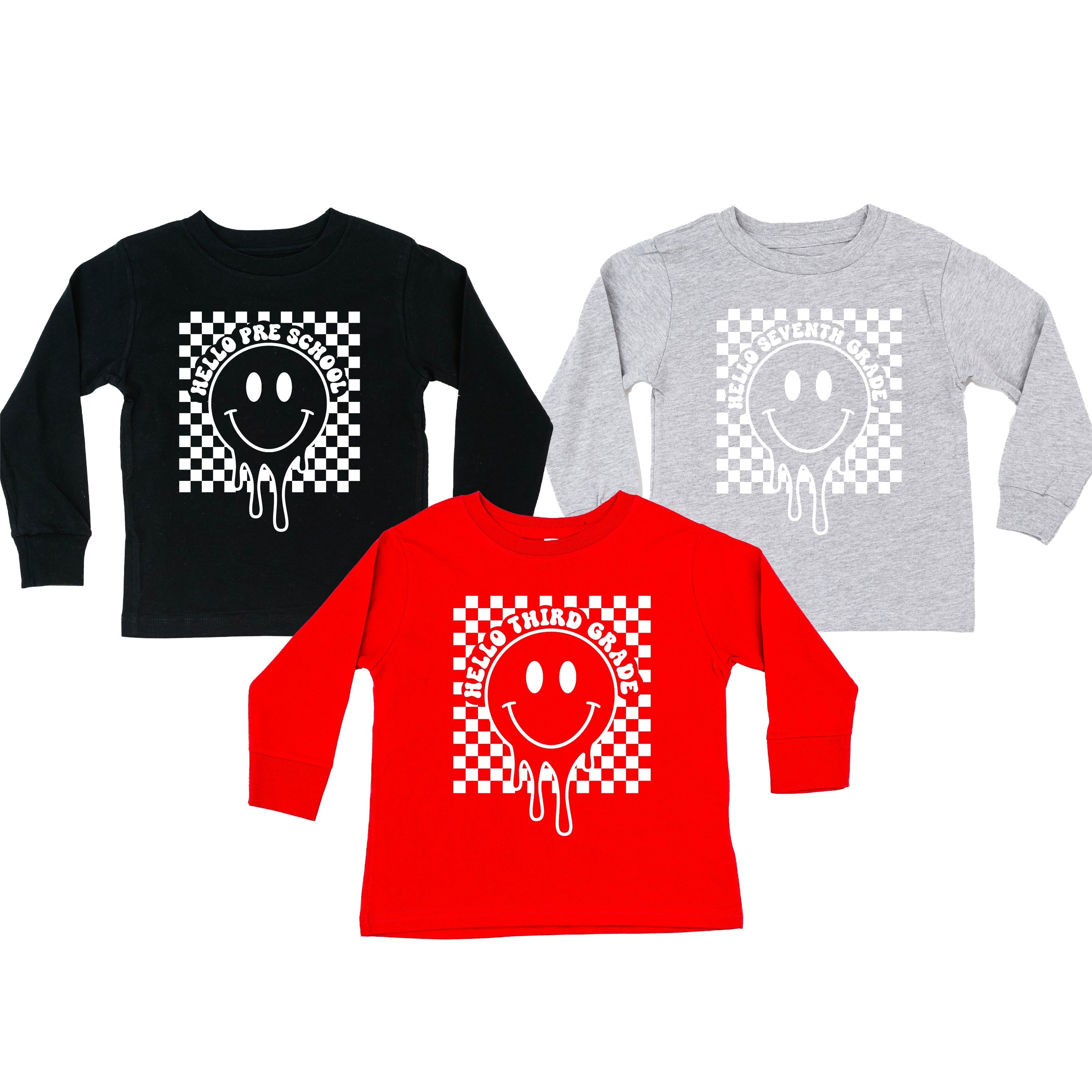 Hello (Choose Your Grade) - Checker Smiley - Child Long Sleeve Tee