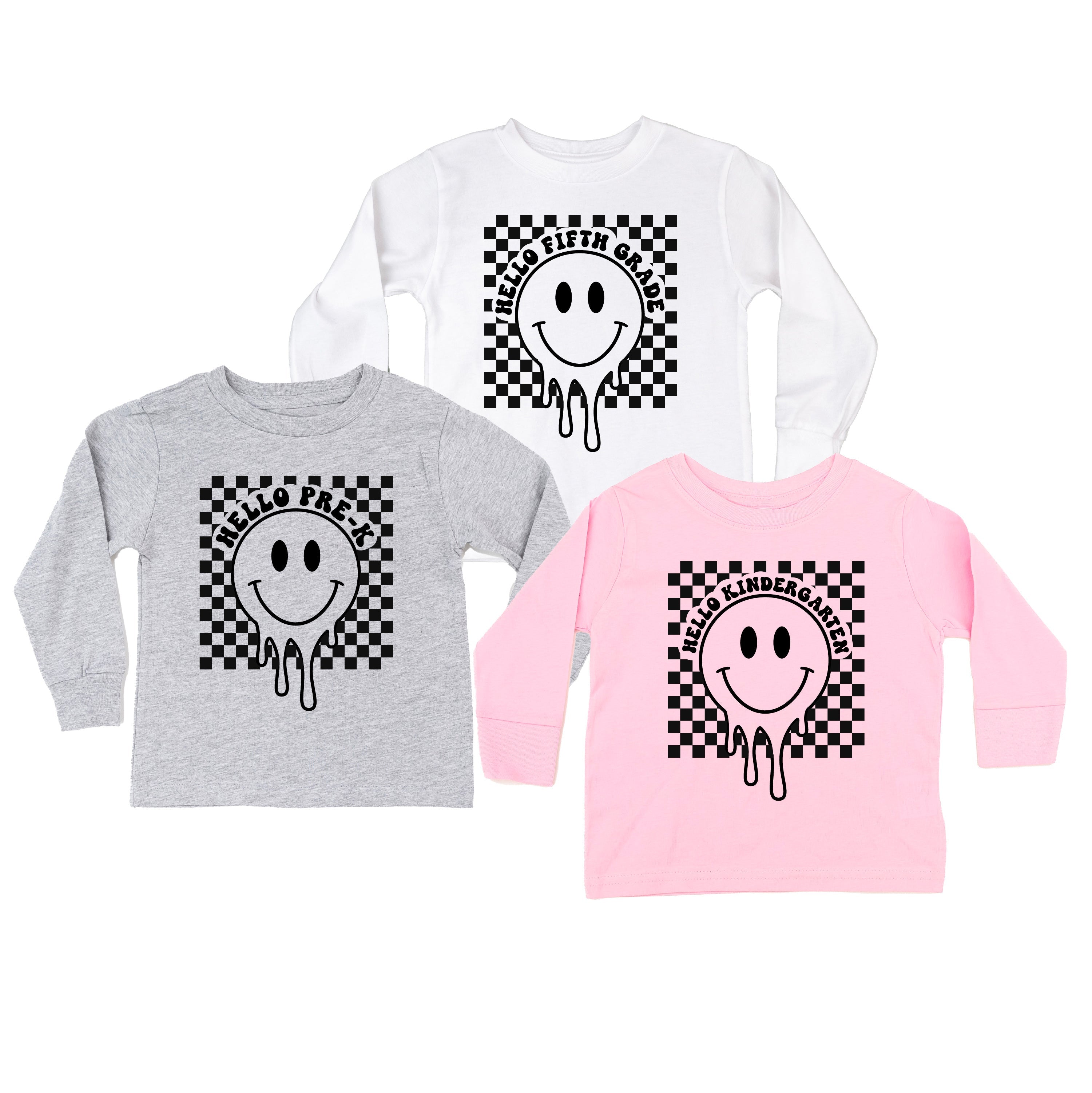 Hello (Choose Your Grade) - Checker Smiley - Child Long Sleeve Tee