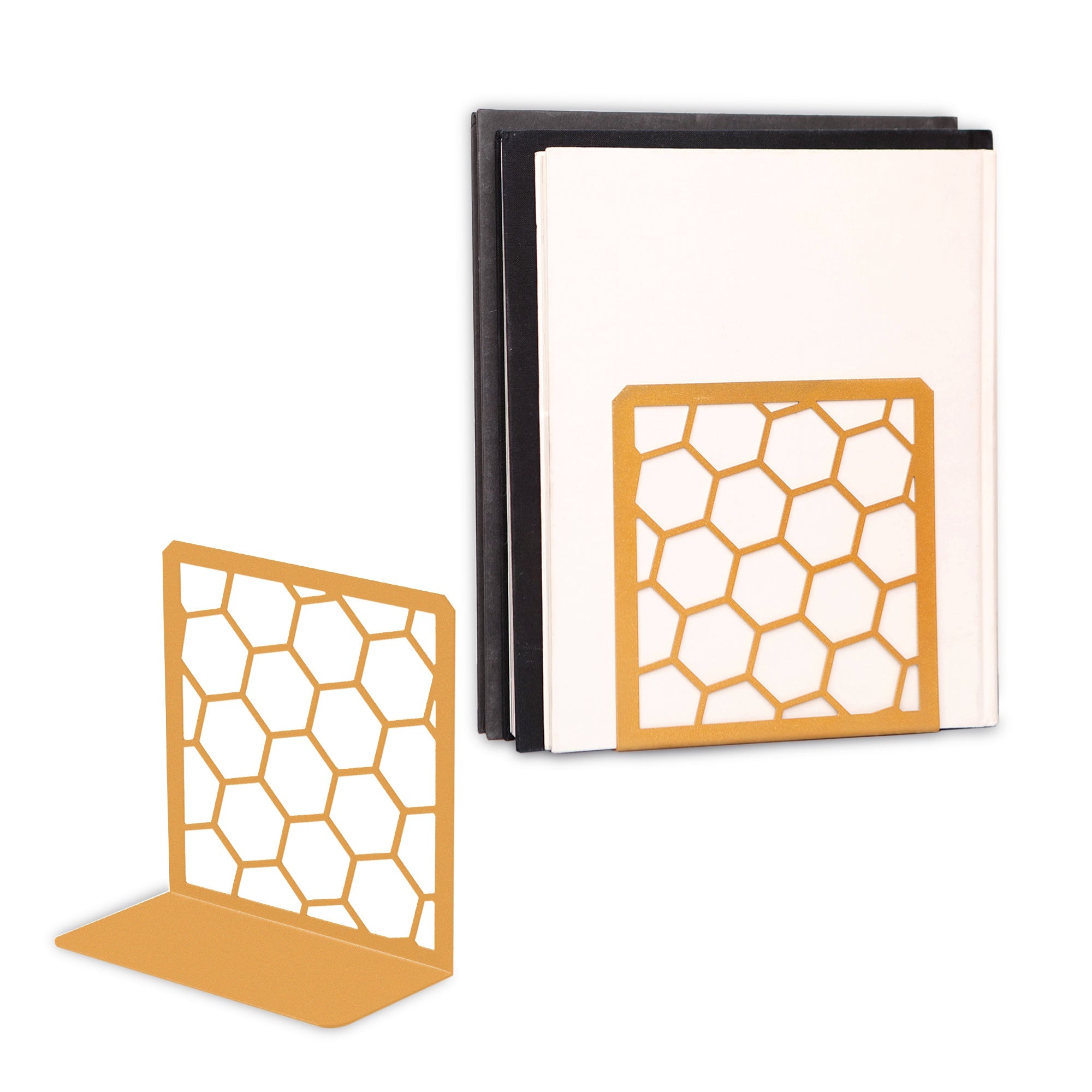 Honeycomb Metal Bookend – Modern Geometric Book Holder