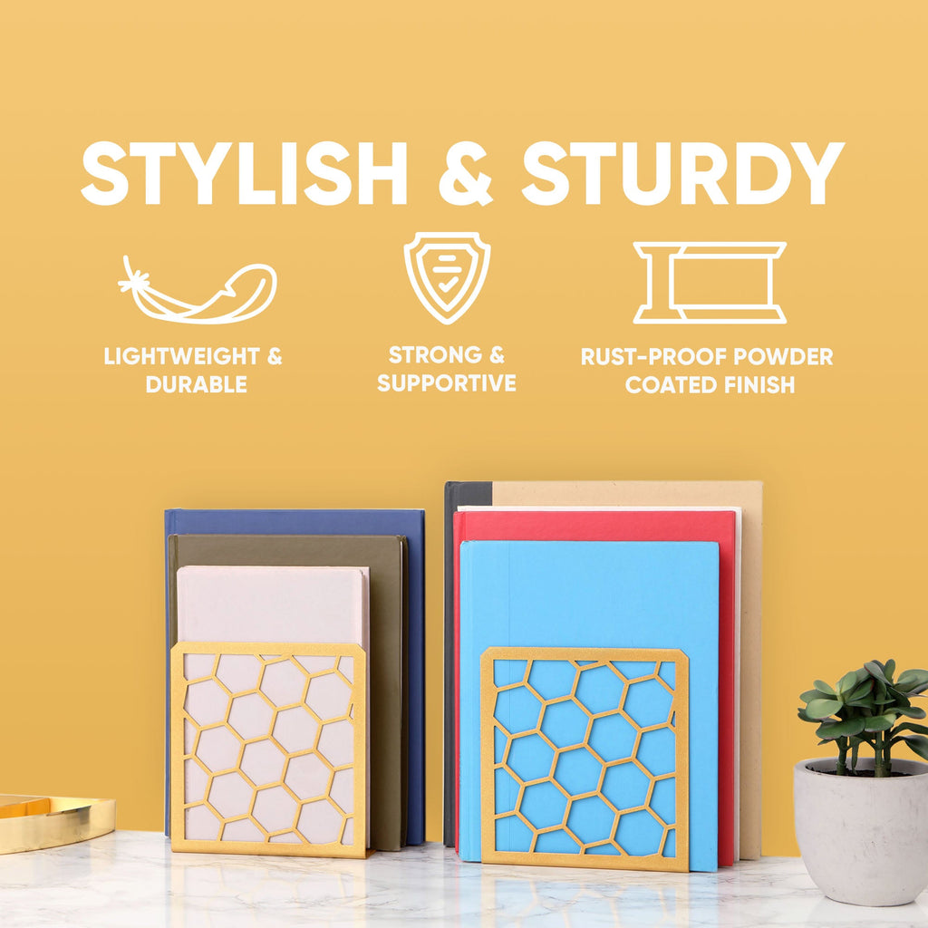 Honeycomb Metal Bookend – Modern Geometric Book Holder