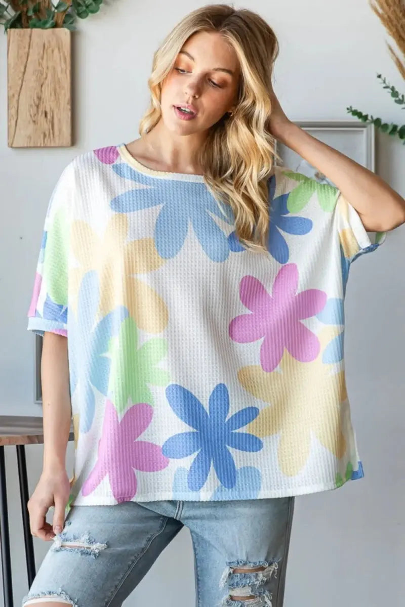 Trendsi Floral Waffle Tee Women&amp;#39;s Casual Round Neck T-Shirt Soft &amp;amp; Comfy
