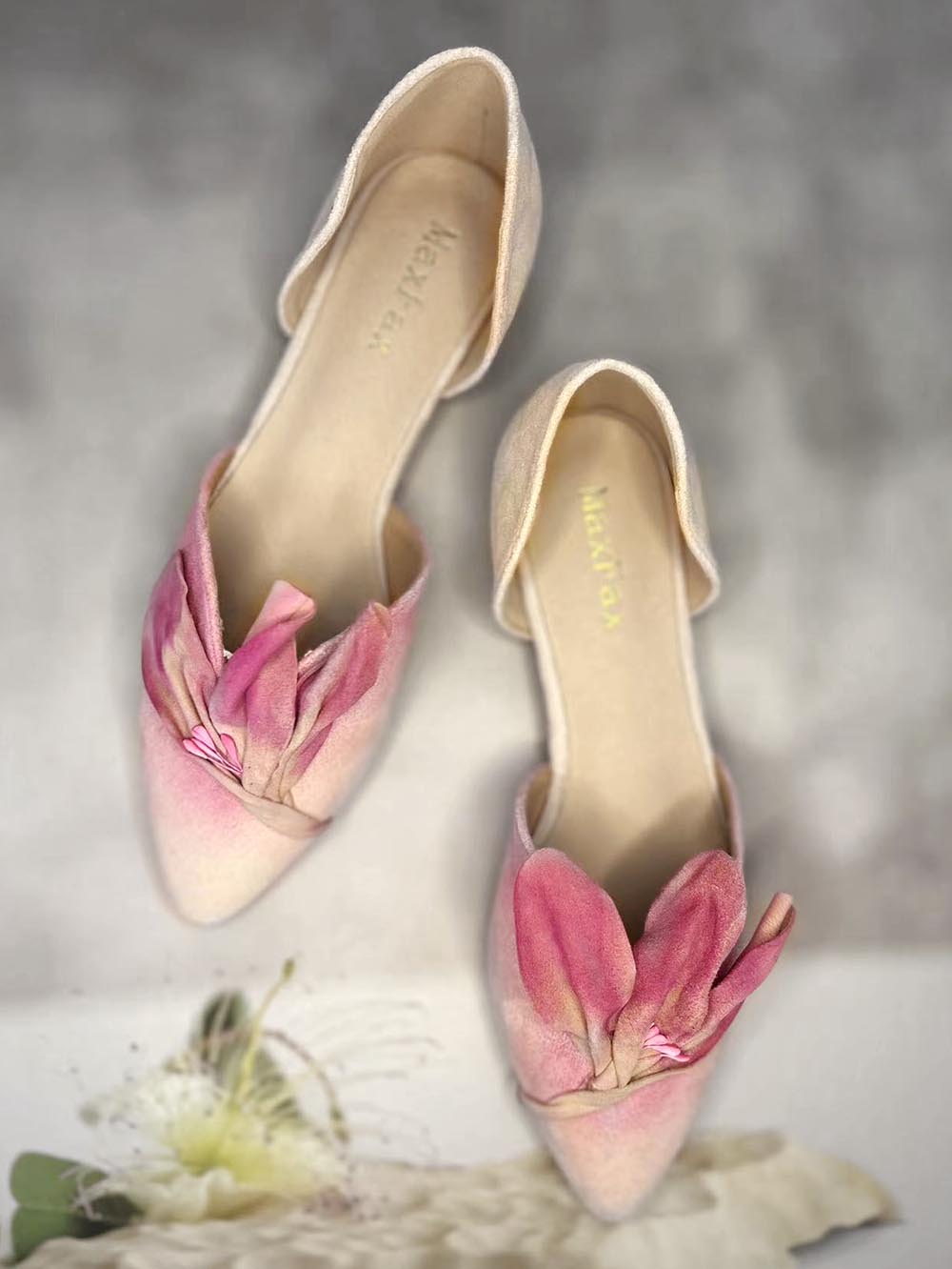 Handmade Pink Satins Flower Pointed Toe Flat Shoes | ZAKAPOP