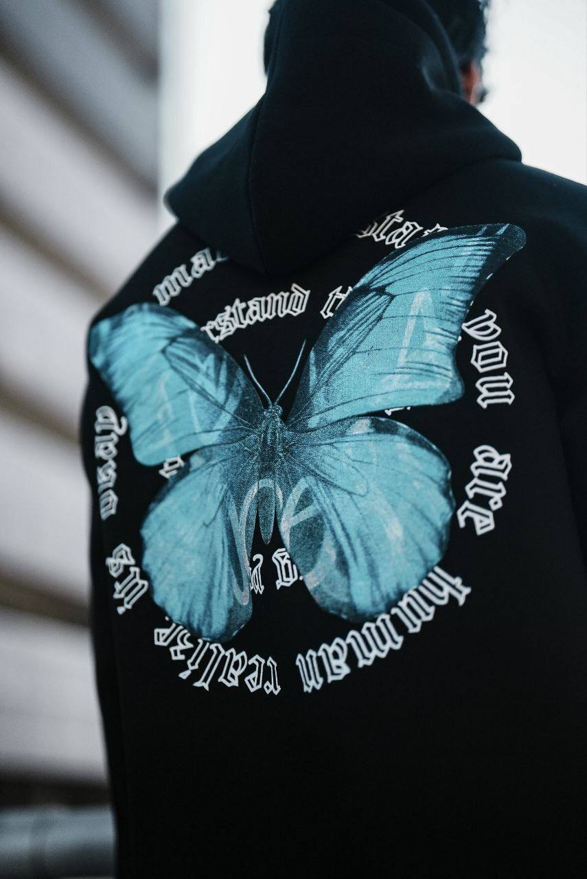 Oversize &#39;Human Realist Butterfly&#39; Graphic Hoodie - Abstract Streetwear Sweatshirt