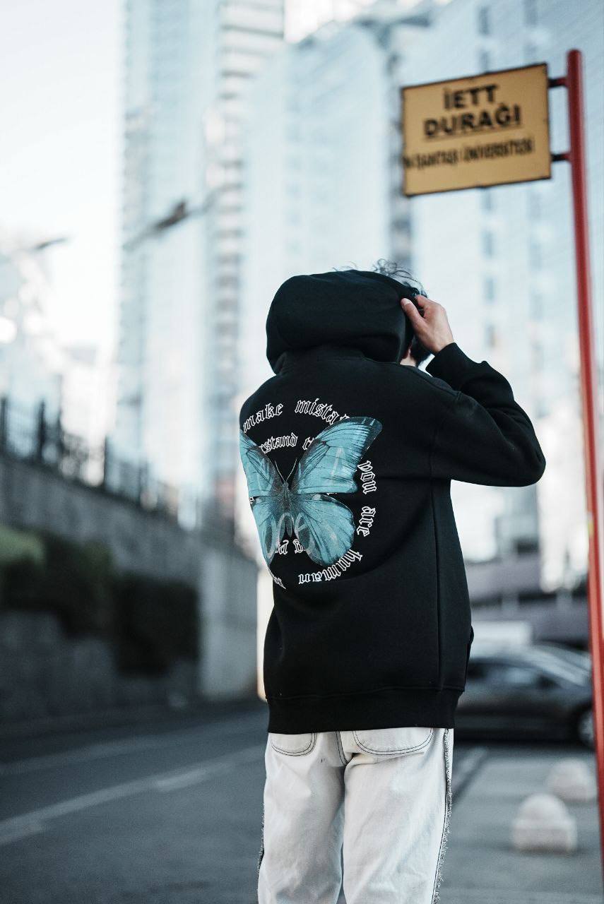 Oversize &#39;Human Realist Butterfly&#39; Graphic Hoodie - Abstract Streetwear Sweatshirt
