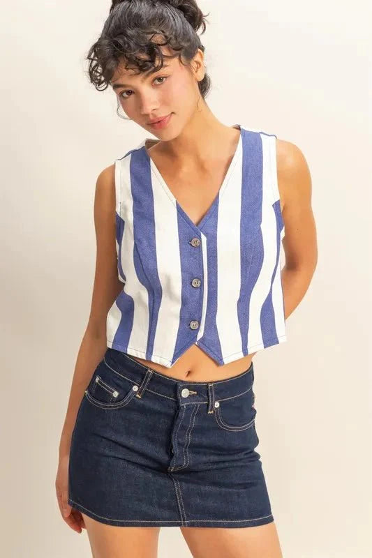 HYFVE Woven Striped V-Neck Button Down Vest for Women