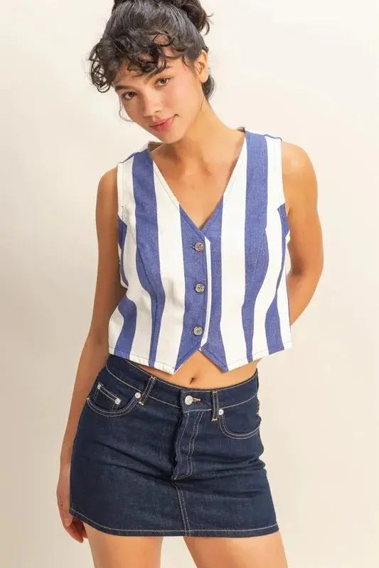 Trendsi Woven Striped Vest Women&amp;#39;s V-Neck Button Down Top - USA Shipped!