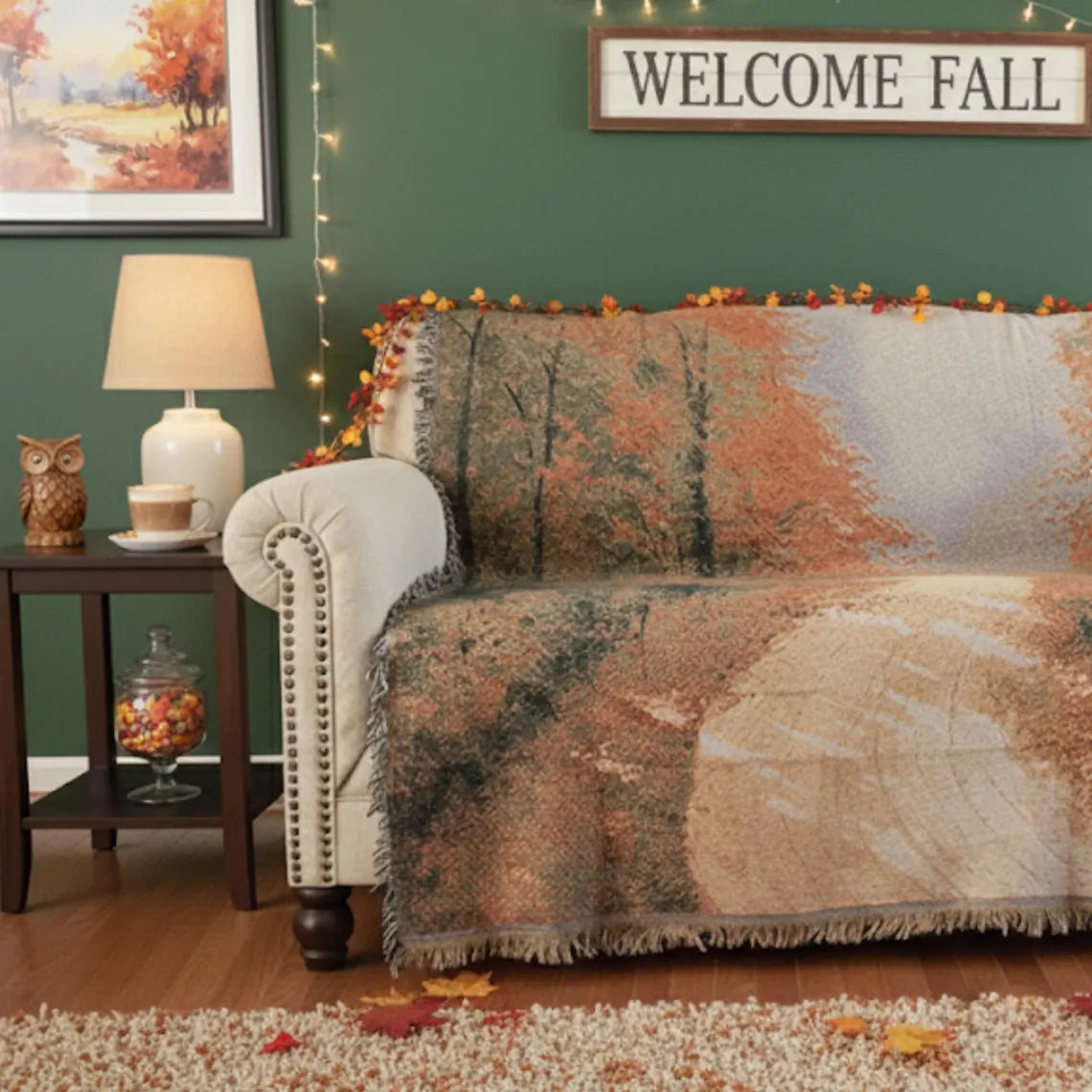 Autumn Authentic Tapestry Throw Blanket - Decorative Orange Fall Leaves Forest Woven Stitched Design - 50&amp;quot; x 60&amp;quot;