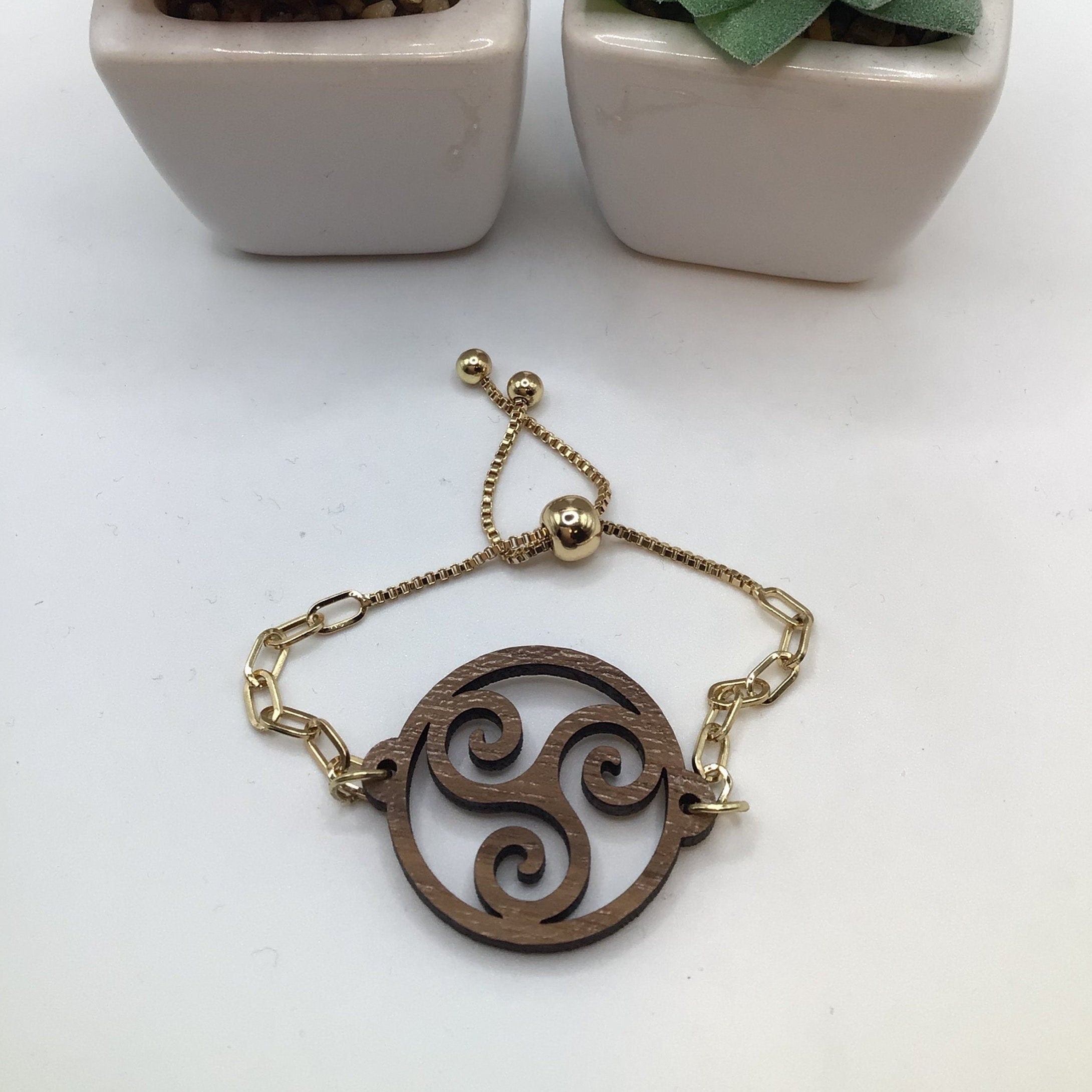 Wood Triskelion on Adjustable Yellow Link Chain Bracelet