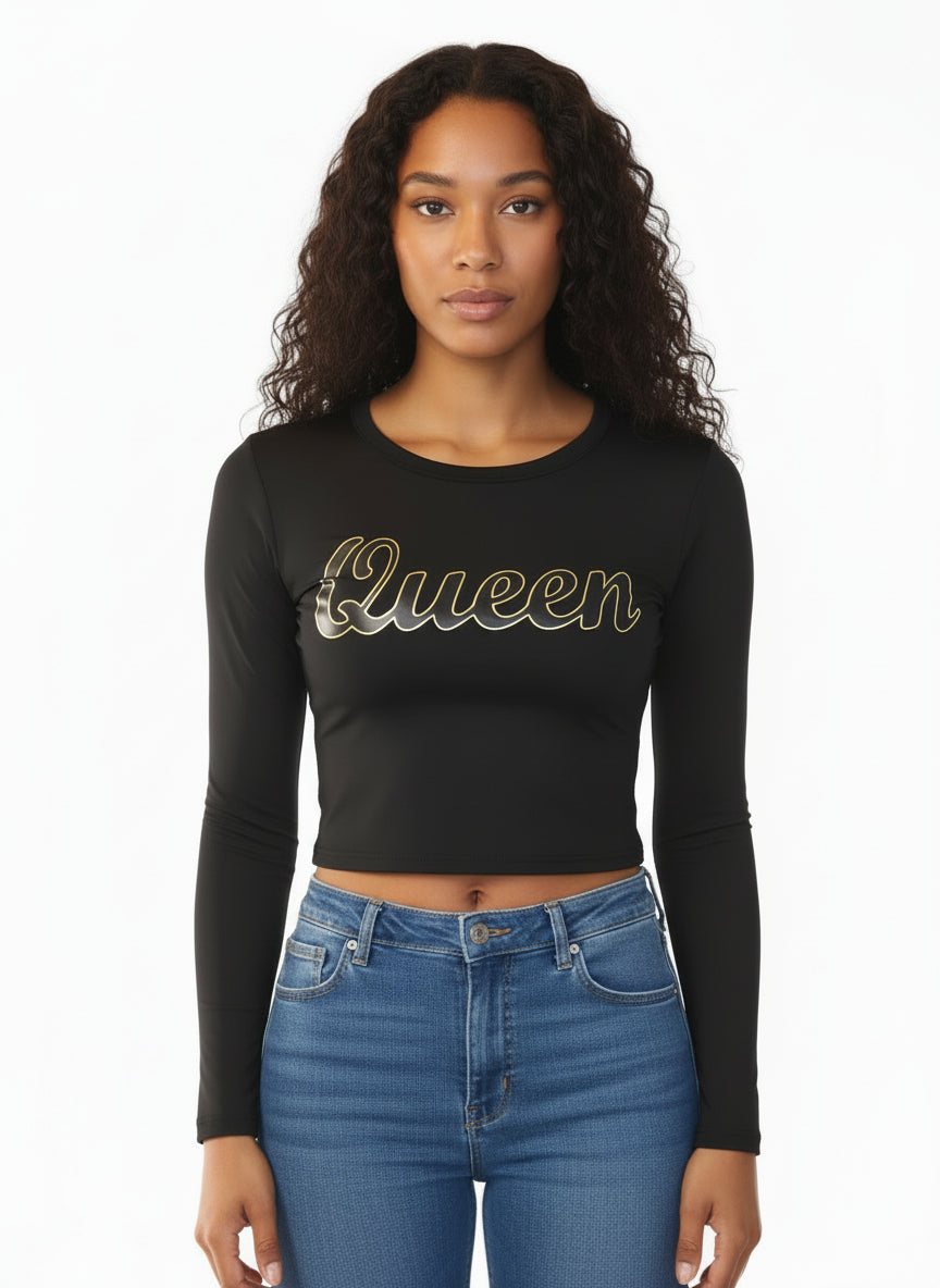 Long Sleeve Crew Neck Fitted Crop Top | Print Queen Long Sleeve Top