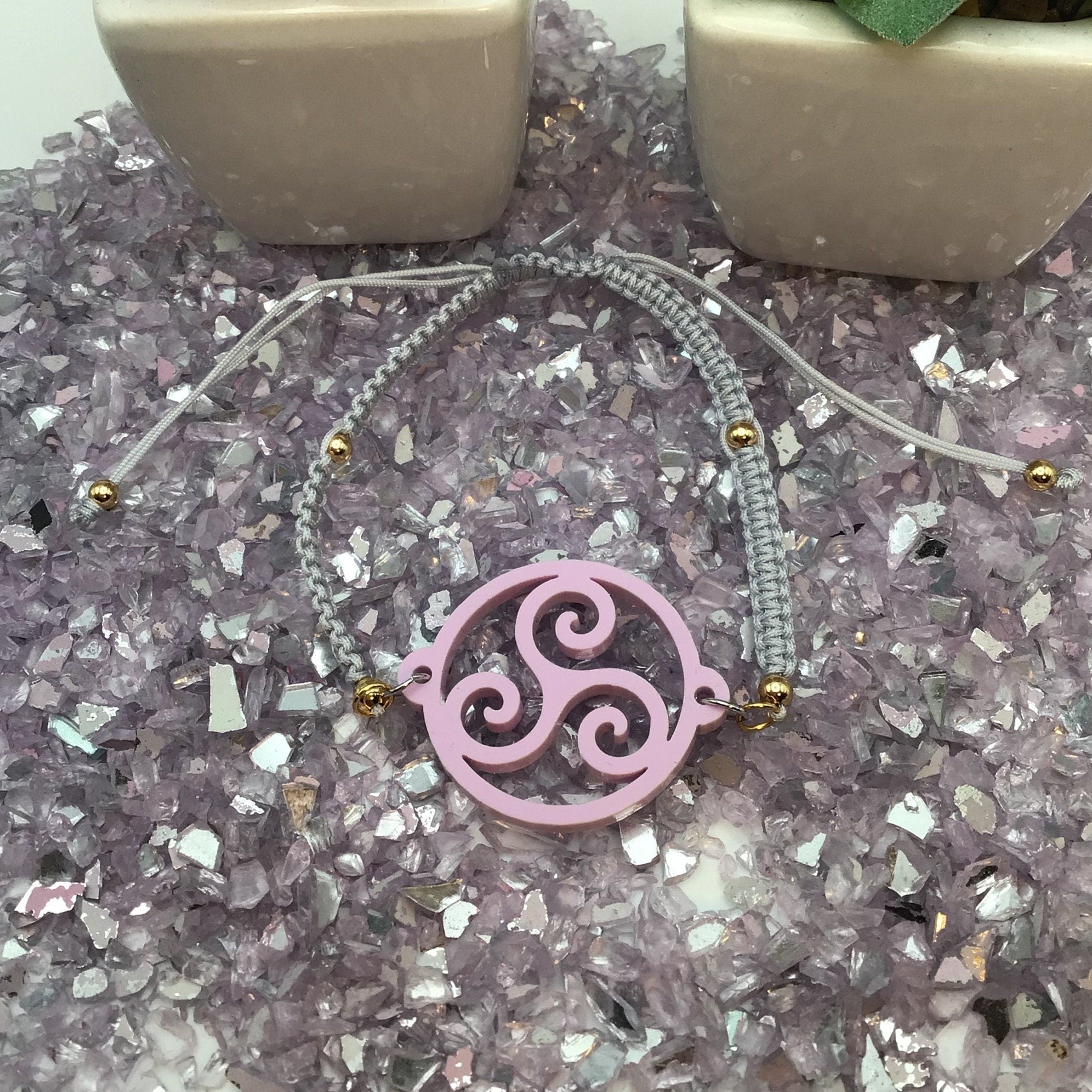 Triskelion Violet Lavender Acrylic on Adjustable Gray Bracelet