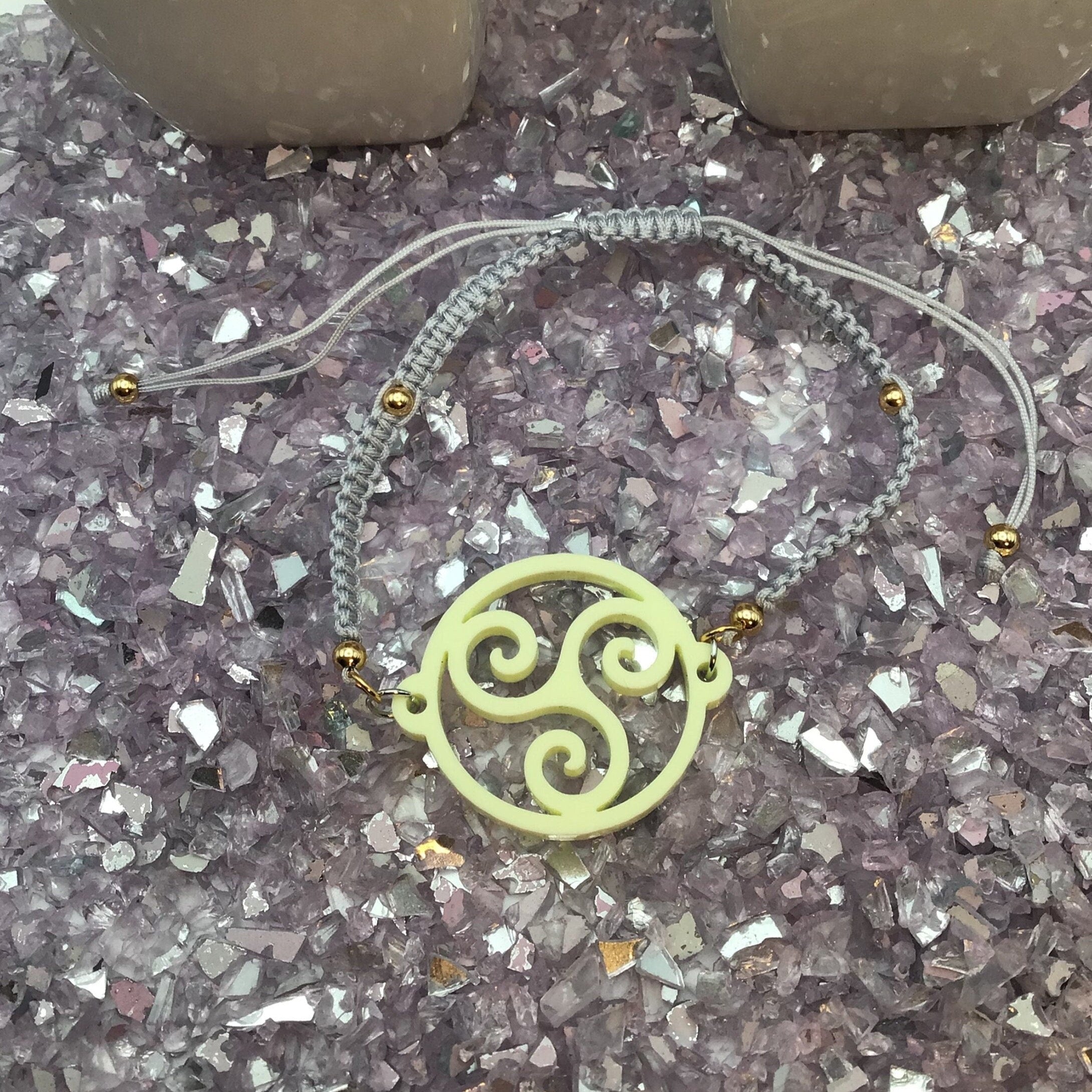 Triskelion Butter Cup Yellow Acrylic on Adjustable Gray Bracelet