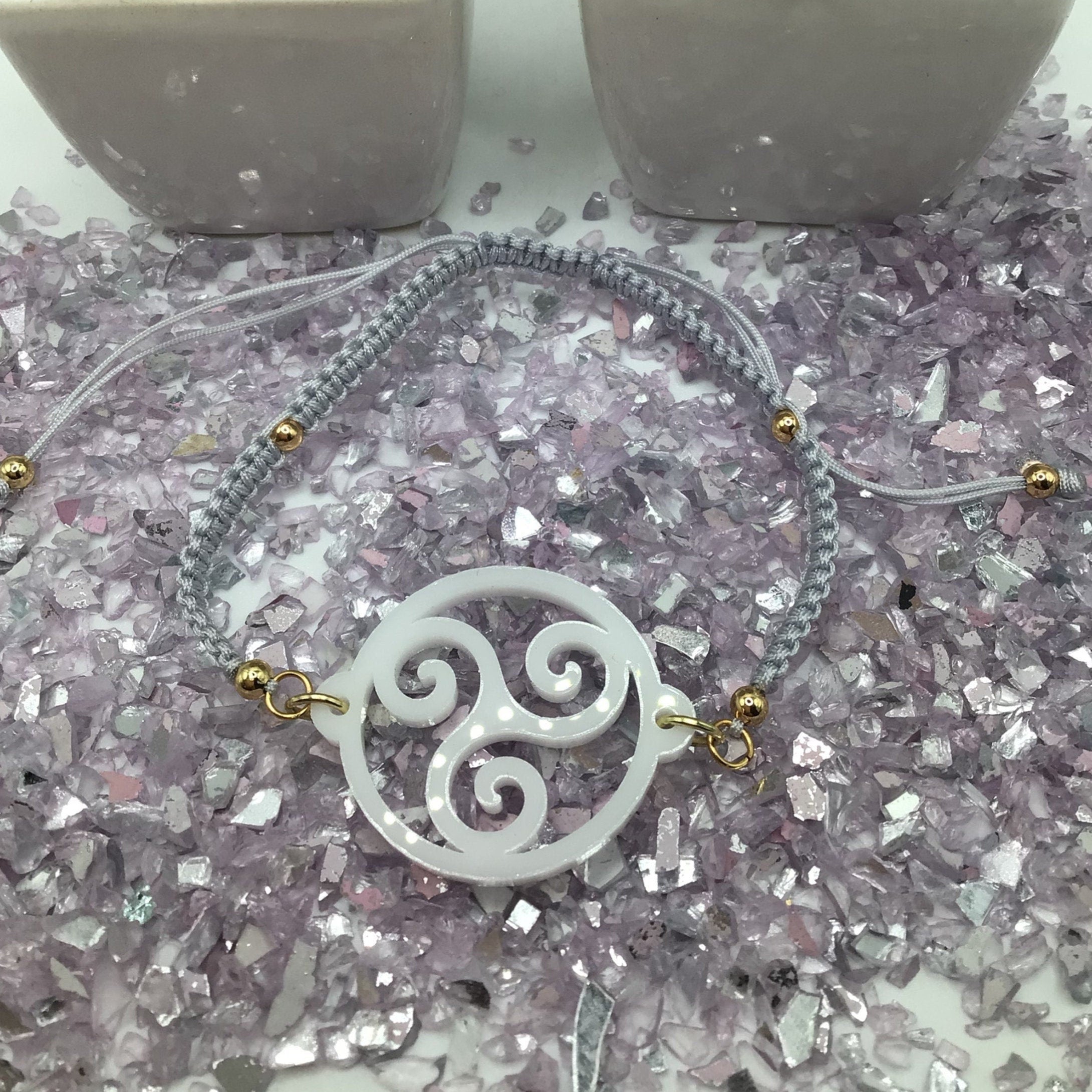 Triskelion White Acrylic on Adjustable Gray Bracelet