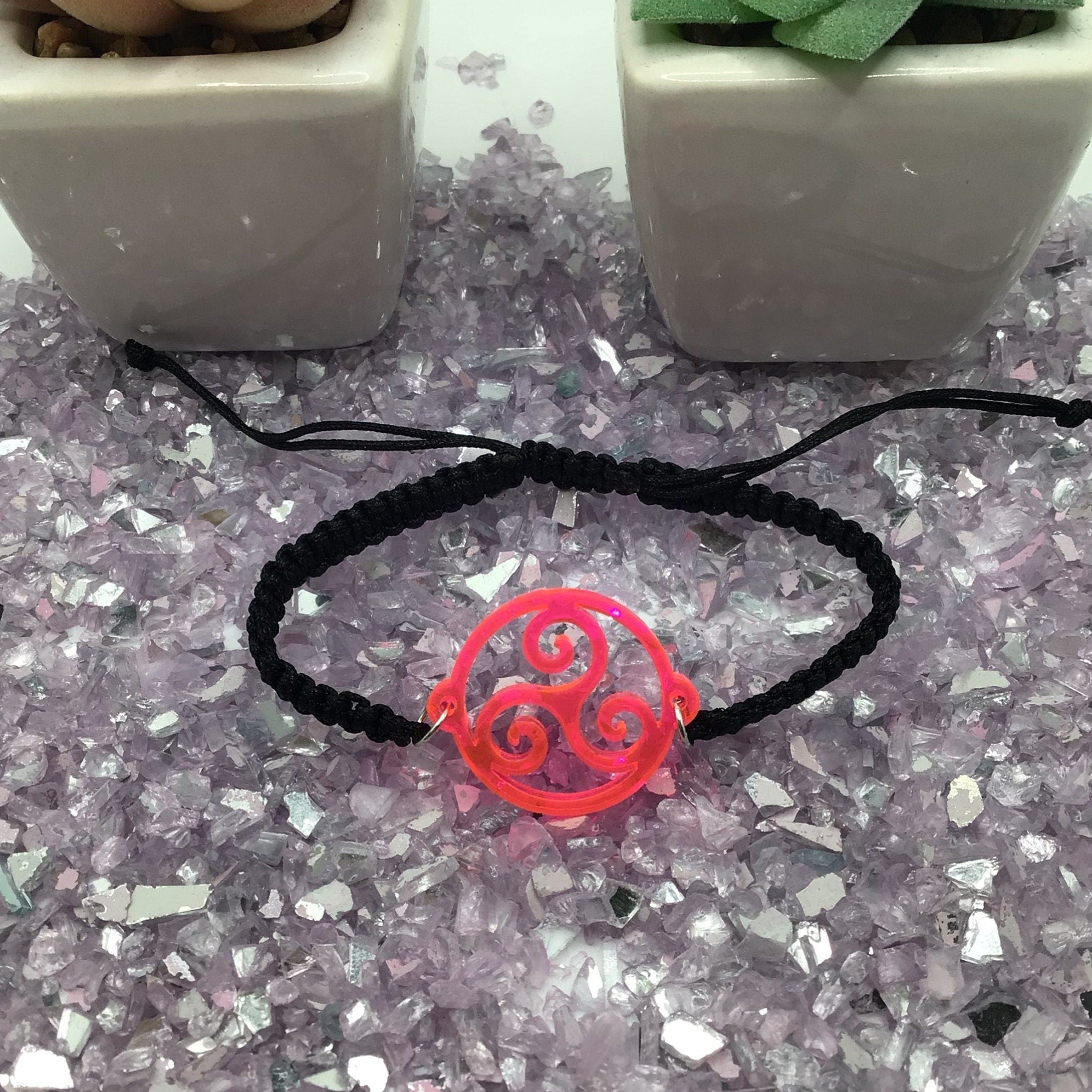 Triskelion Hot Pink Acrylic on Adjustable Black Cord Bracelet