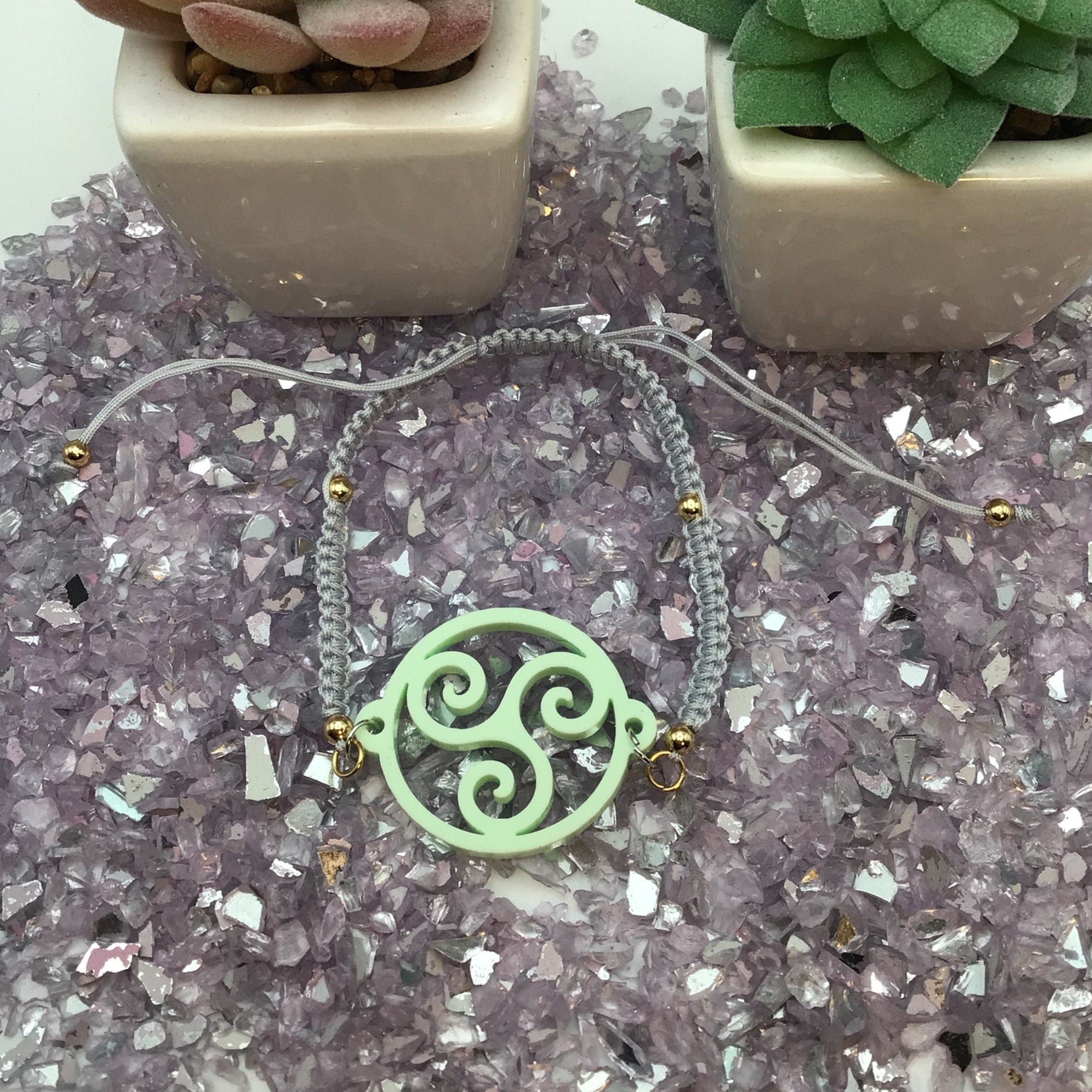 Triskelion Mint Green Acrylic on Adjustable Gray Bracelet