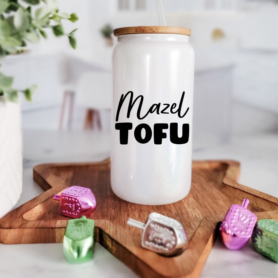 Mazel Tofu Jewish Vegan Glass Can Cup