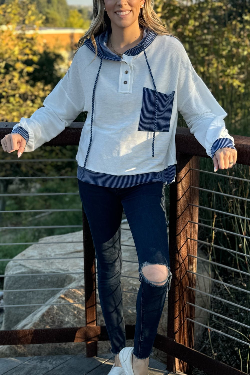 Premium Millie Drawstring Hooded Top with Patchwork Design and Colorblock Detail