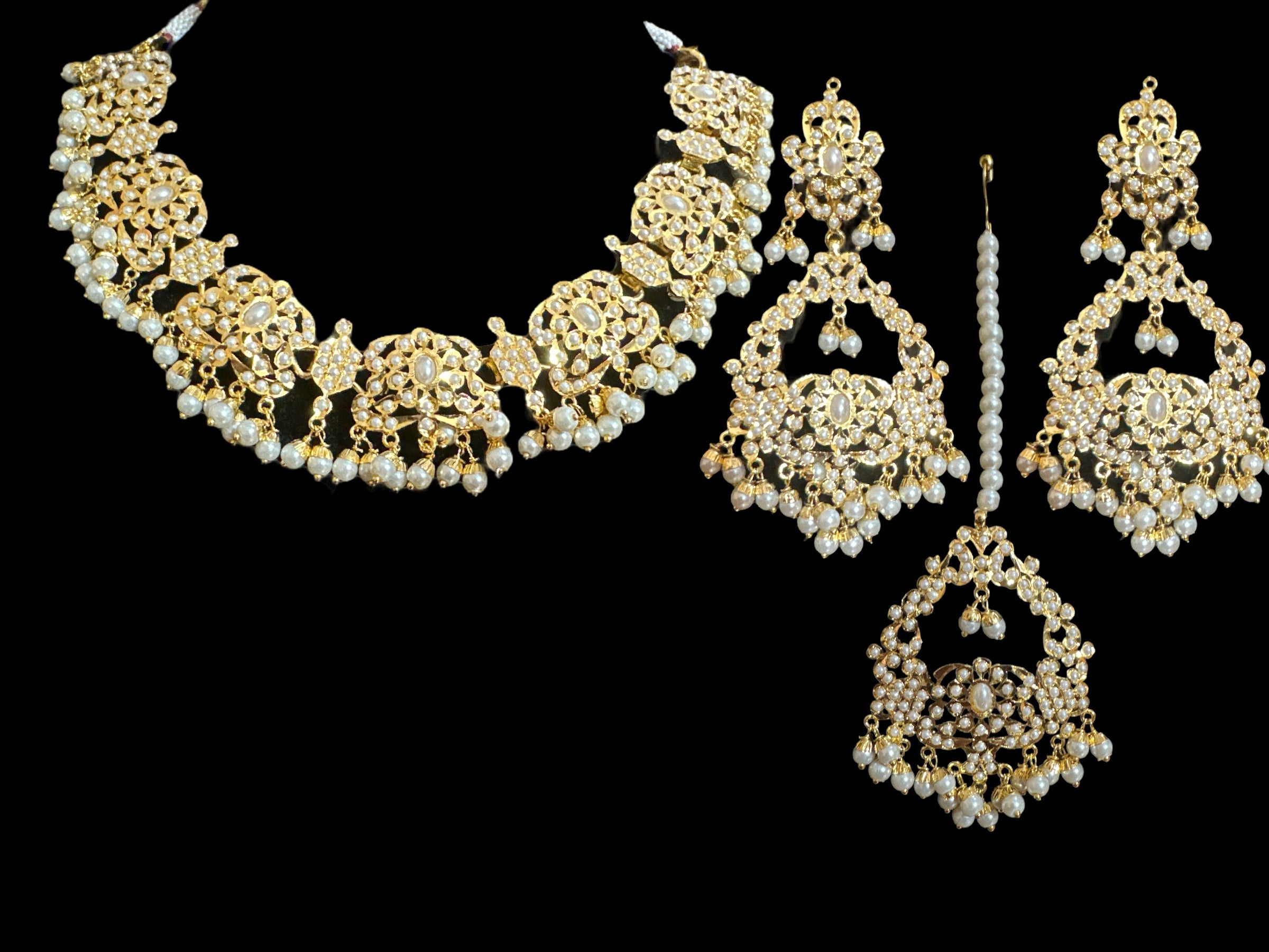 DNS14 Niyati pearl jadau necklace with earrings tika ( READY TO SHIP )