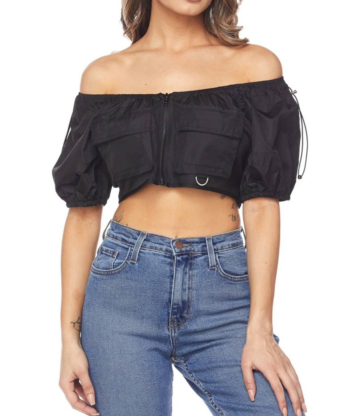 Off the Shoulder Cropped Top - Black