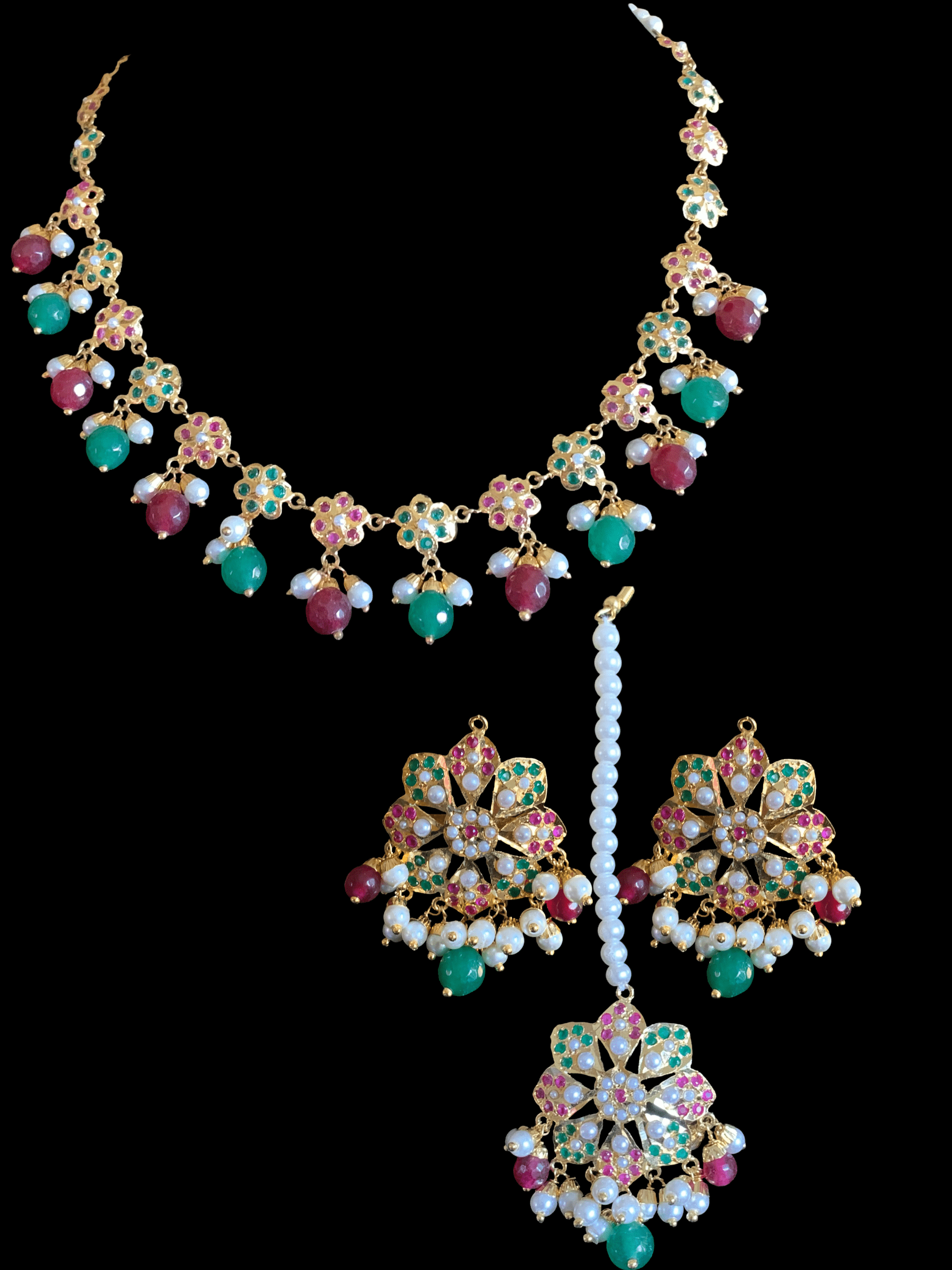 NS327 Alea punjabi Jadau necklace  set - ruby emerald   (SHIPS IN 4 WEEKS)