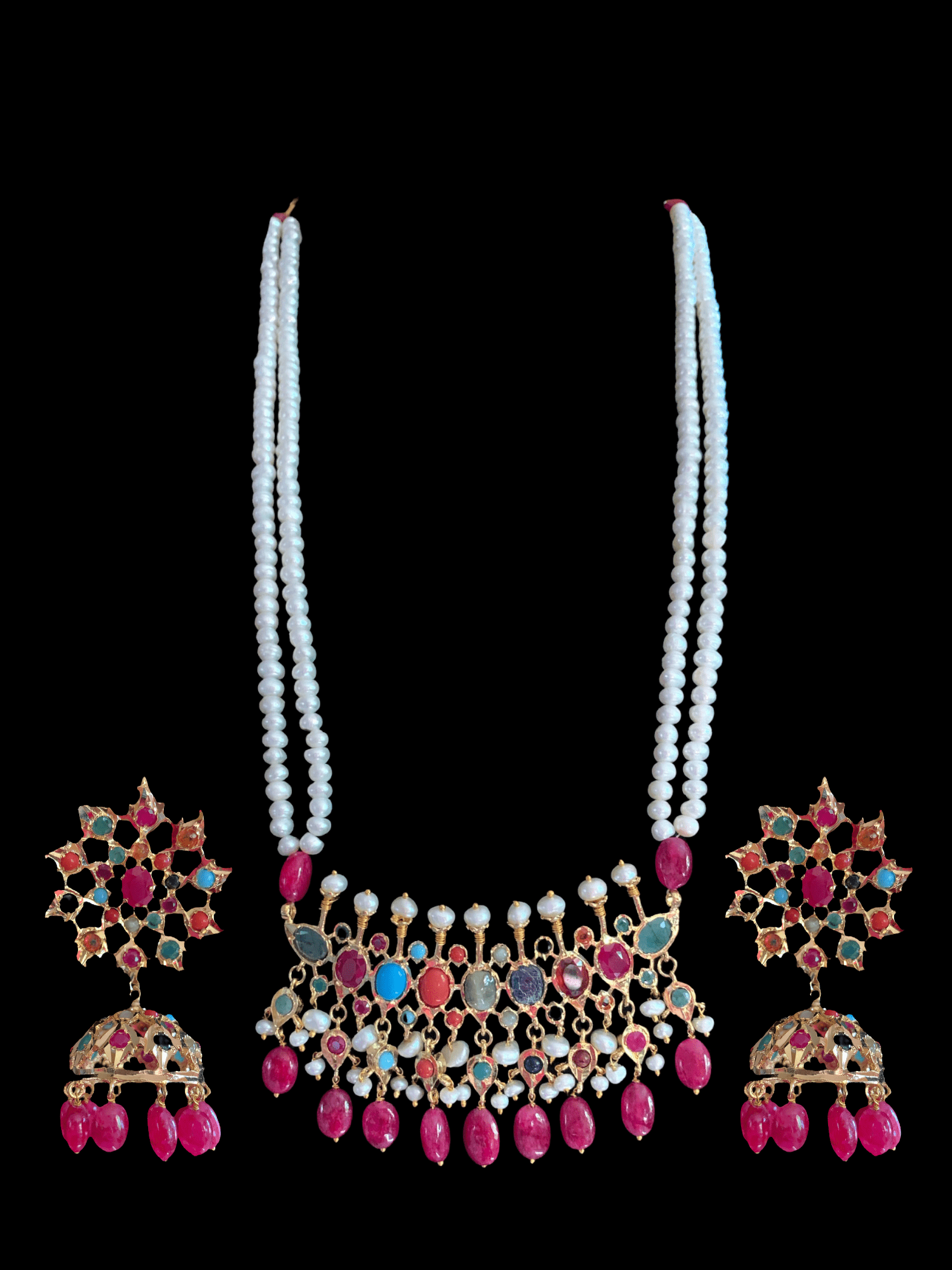 PS510 Navratan Tirmani Necklace with Oversized Jhumka Earrings – Gold-Plated Jewelry with Freshwater Pearls and Real Ruby Beads  ( READY TO SHIP )